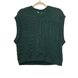 Free People Take the Plunge Sweater Vest  Mixed Stitch Cable Knit Green XS